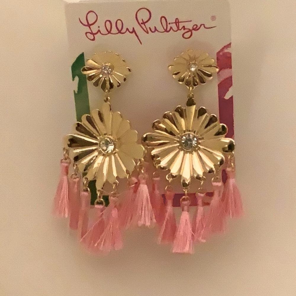 Lilly Pulitzer Mandevilla Baby Gold and Pink Statement Tassel Earrings 3” - NWT